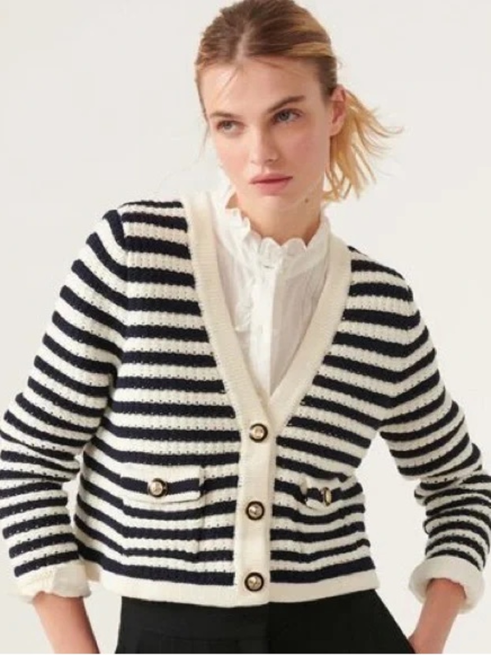BA&SH GAMDEN Striped Black and White V-Neck Button Cardigan Sweater